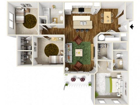 Floor plan for 3 beds, 2 baths, 1256 sqft